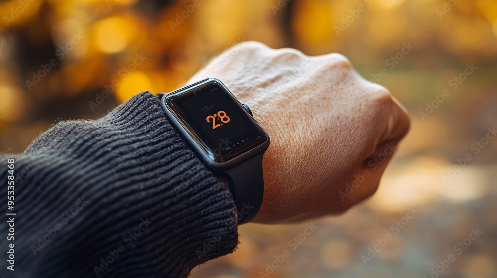 Poster Person with disability using AI to monitor health and fitness data through a wearable device while exercising in a park Stock Photo with copy space