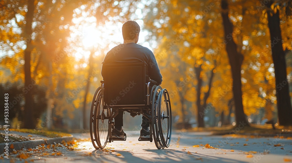 Poster Person with disability using AI to monitor health and fitness data through a wearable device while exercising in a park Stock Photo with copy space