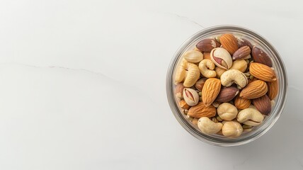 Mixed nuts and seeds in a glass jar, brain-boosting snack, healthy and natural food storage