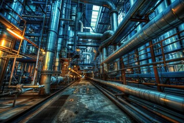 Obraz premium A large industrial area with pipes and equipment