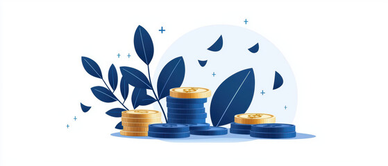 Illustration of stacked coins and leaves representing financial growth and investment with a minimalist design.