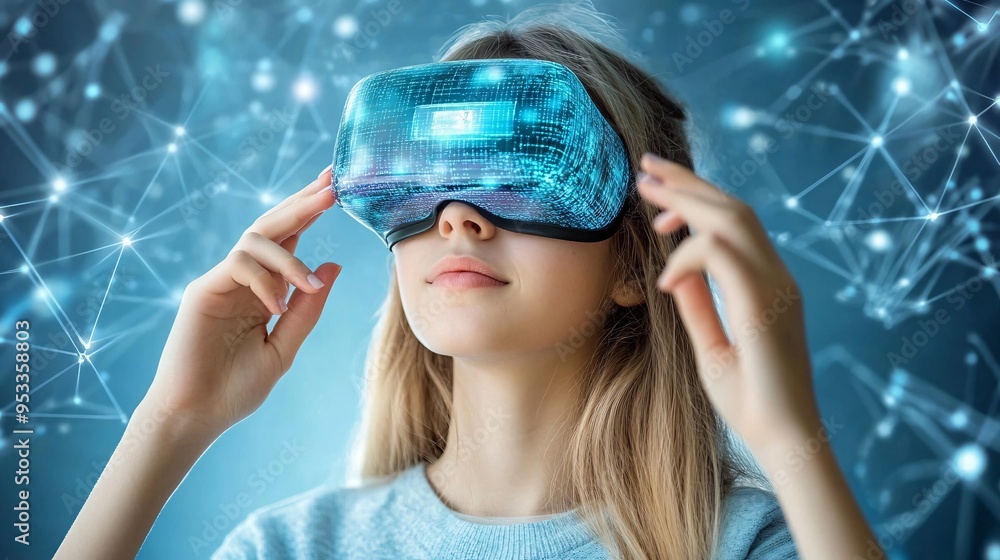 Poster Individual with hearing impairment using AI to translate spoken words into sign language via a wearable device in a social setting Stock Photo with copy space