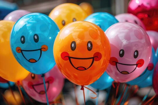 A bouquet of colorful balloons with smiling faces