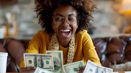 Joyful Person Laughing While Paying Bills with Stacks of Cash Relieving Financial Stress and Finding Happiness
