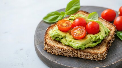 Whole grain toast topped with smashed avocado and cherry tomatoes, brain-boosting breakfast, simple and healthy