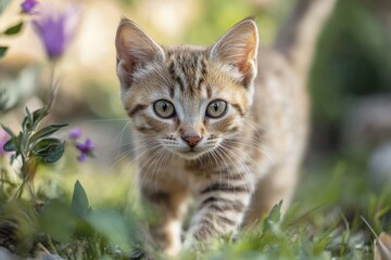 Tabby kitten walking on grass in the garden