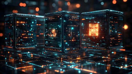 Fototapeta premium Three glowing futuristic cubes with circuit board patterns on a black futuristic background.