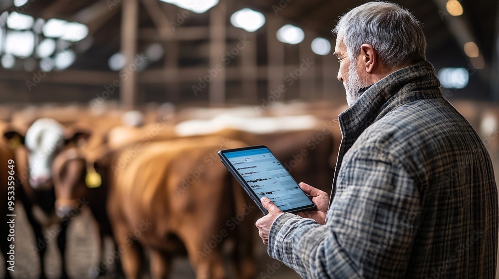 Aufkleber AI-powered feeding system automatically dispensing food to livestock in a barn while the farmer supervises using a mobile app Stock Photo with copy space