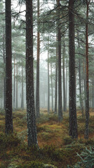 Obraz premium A path through a mystical Scandinavian forest, shrouded in fog and bathed in soft morning light. The air is crisp and cool, the trees stand tall and silent, inviting you to explore.