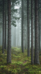 Obraz premium A Path Through the Mist: A Serene Walk Through a Scandinavian Pine Forest