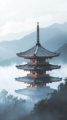Fototapeta premium A Serene Pagoda Pierces the Mist, Reflecting in the Tranquil Waters Below.