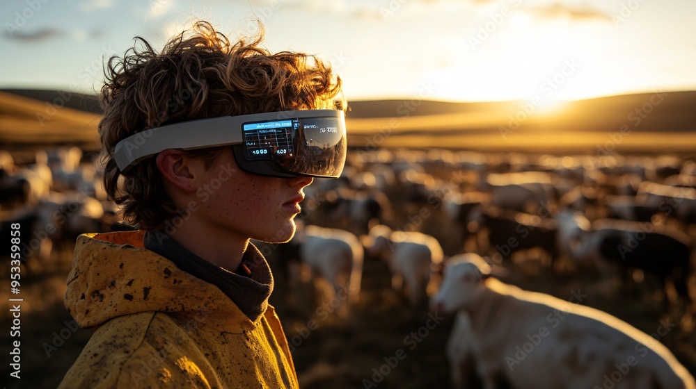 Poster young farmer wearing smart glasses that display real-time data on the health and productivity of liv