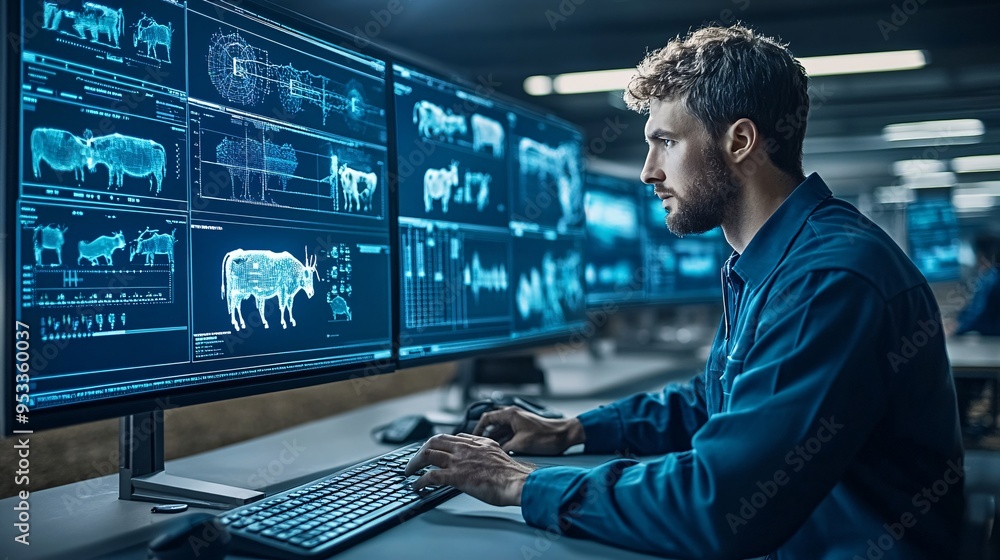 Aufkleber Farmer using AI-driven system to predict and manage livestock diseases in a high-tech barn with advanced monitoring equipment Stock Photo with copy space