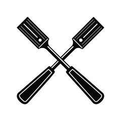 A set of steel work tools includes a screwdriver with a black and red handle and a set of isolated metal screwdriver bits