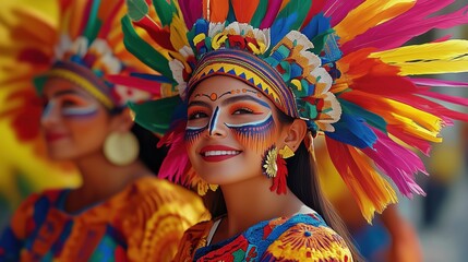 Vibrant and colorful portrait of three women in traditional Mexican attire, showcasing the rich cultural heritage of the Yucatan region. Each woman is wearing an elaborate headdress with bright colors