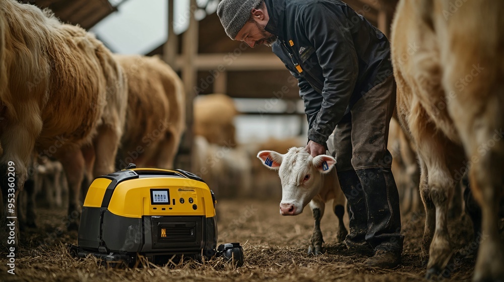 Poster Farmer using an AI-powered robotic system to clean and maintain livestock pens ensuring a hygienic environment for the animals Stock Photo with copy space