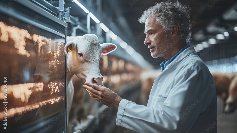 Poster farmer using an ai-powered robotic system to clean and maintain livestock pens ensuring a hygienic e