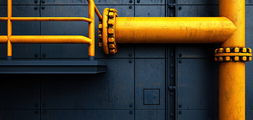 Industrial scene with yellow pipelines against a dark background, showcasing engineering and infrastructure's intricate details.