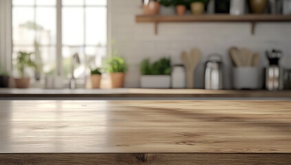Comptoir en bois vide sur un fond intérieur d'une cuisine moderne, arrière-plan flou, concept pour la présentation de nourriture ou de produits.