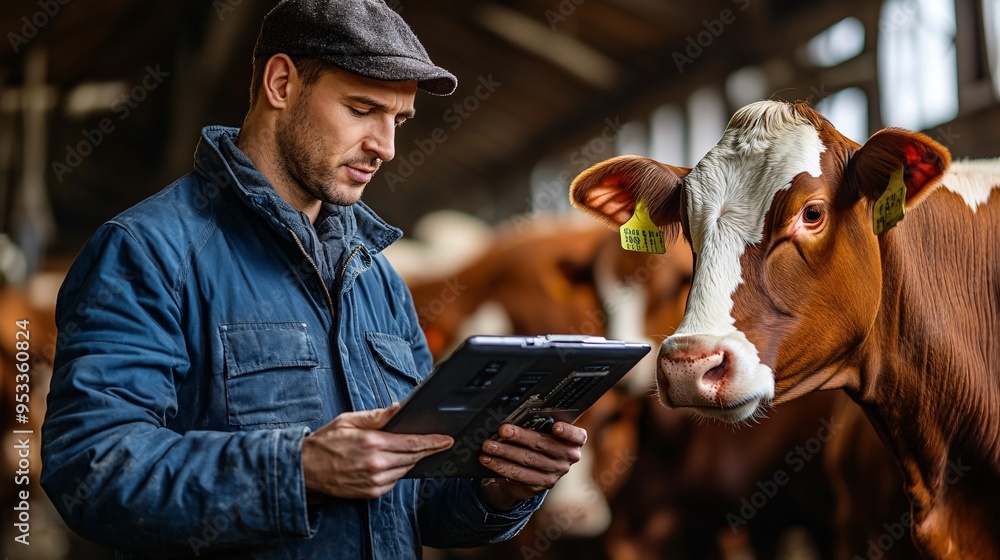 Poster Young farmer using AI to optimize feeding schedules for livestock based on data from automated monitoring systems Stock Photo with copy space