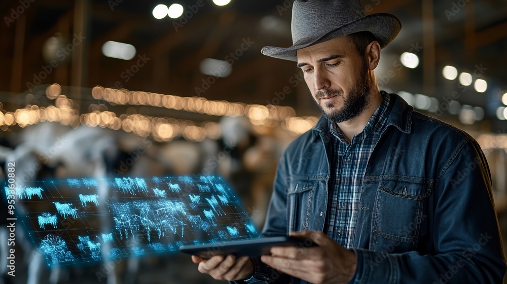 Poster Young farmer using AI to optimize feeding schedules for livestock based on data from automated monitoring systems Stock Photo with copy space