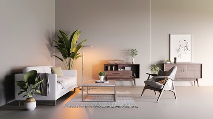 A living room with a couch a table and a lamp. made with generative Ai