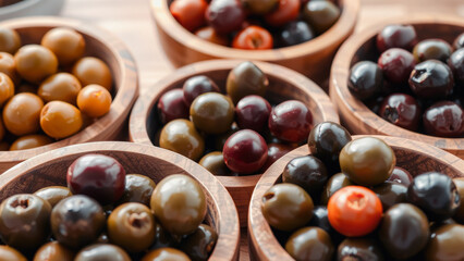 Close Up of Olives in Wooden Bowls