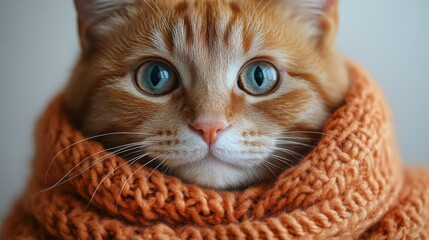 Cute autumn cat in cosy scarf and sweater. Beautiful pet photo