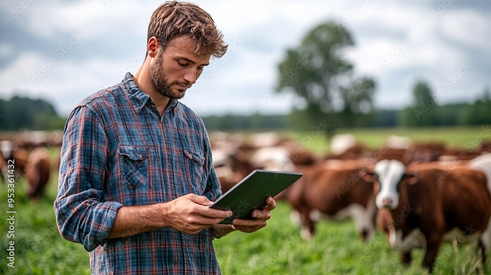 Poster Young farmer utilizing AI-powered virtual fencing to manage the movement of livestock across large open fields Stock Photo with copy space