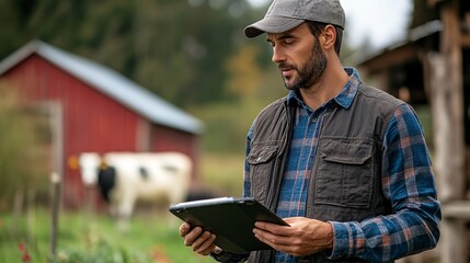 Farmer using AI-driven analytics to improve breeding programs for livestock by selecting the best candidates based on data Stock Photo with copy space