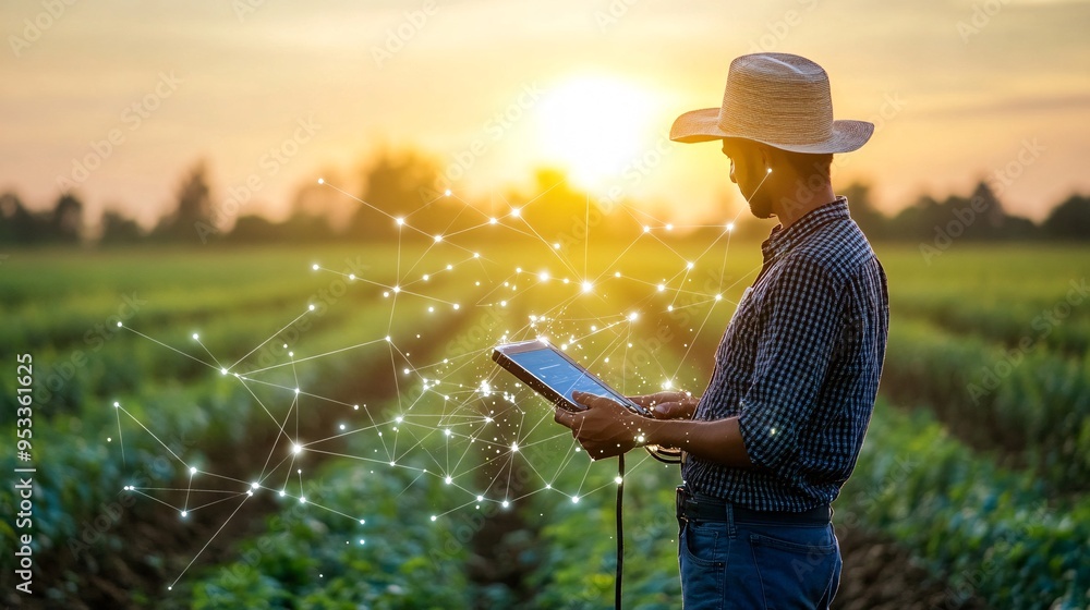 Poster AI-driven system managing the automated feeding and watering of livestock with the farmer overseeing the process through a digital interface Stock Photo with copy space