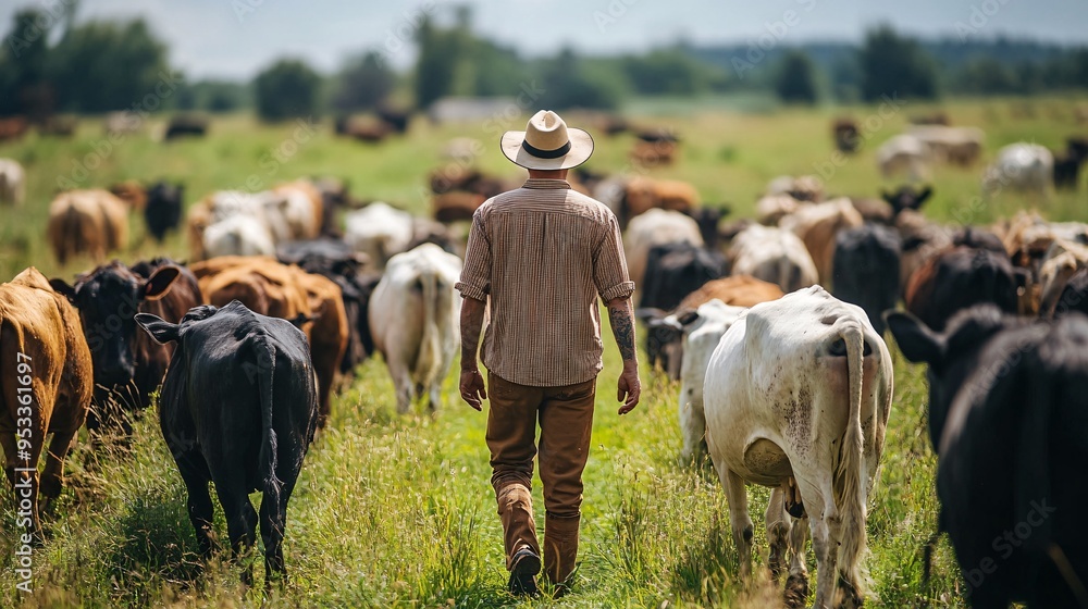 Poster Young farmer utilizing AI-powered virtual fencing to manage the movement of livestock across large open fields Stock Photo with copy space