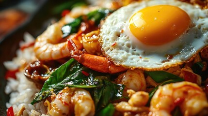 Detailed macro shot of spicy stir-fried basil with shrimp, squid, clams, and crab meat on rice, with a fried egg on top