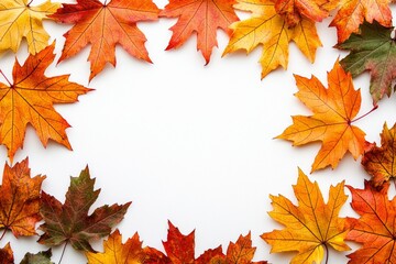 Fototapeta premium Autumn Maple Leaves Flat Lay White Background created with Generative AI