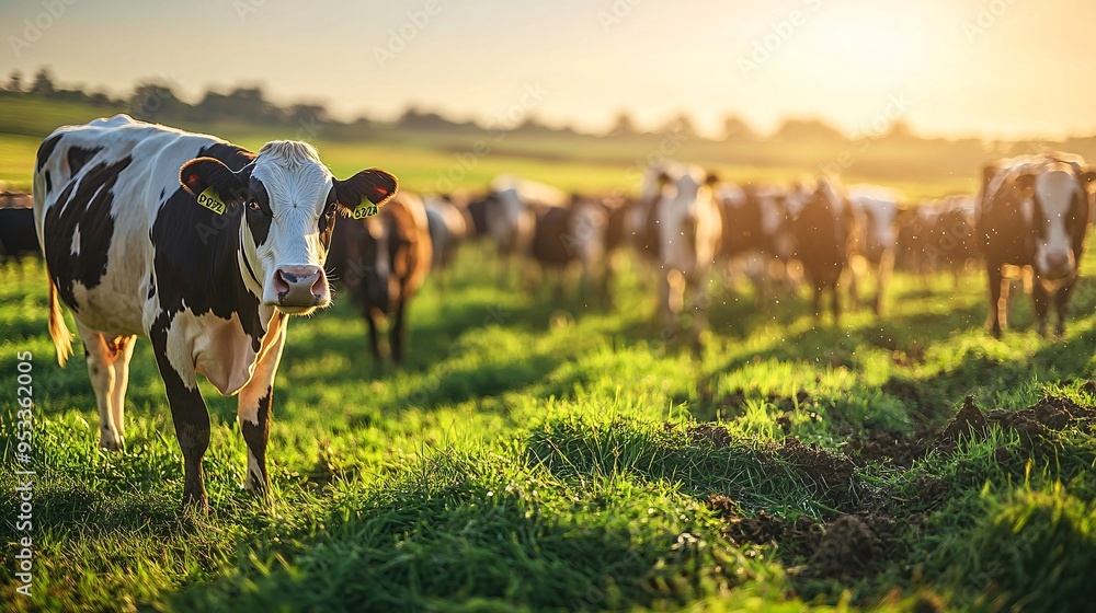 Aufkleber AI-driven system managing the automated feeding and watering of livestock with the farmer overseeing the process through a digital interface Stock Photo with copy space