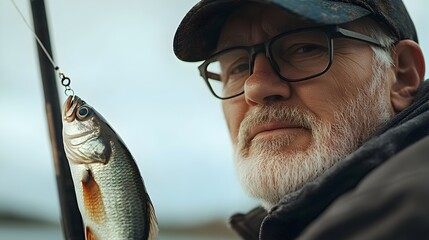 Mature Fisherman Catches Fish in Tranquil Pond or Lake