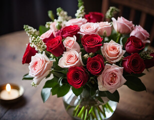 Romantic Valentine’s bouquet featuring red and pink roses expressing love and affection, perfect for a special occasion or celebration of romance in a serene garden setting. Generative AI