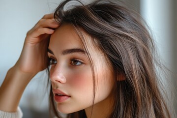 Fototapeta premium Beautiful young woman with brown hair touching her head