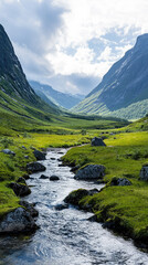 Fototapeta premium A Tranquil Stream Meanders Through A Lush Scandinavian Valley, Bathed In Soft Sunlight And Framed By Majestic Mountains.