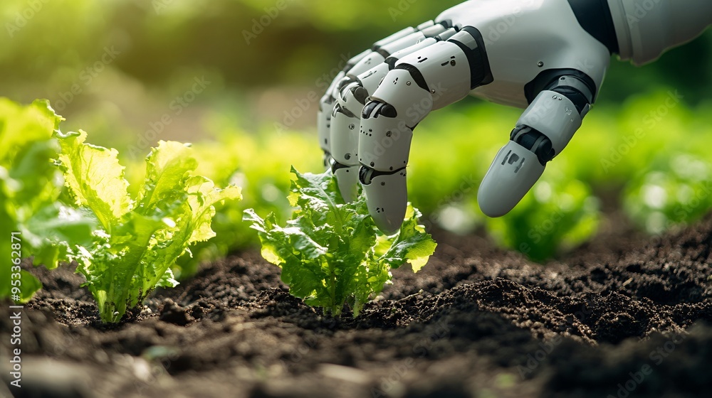 Poster AI-powered robotic arms planting seedlings in a controlled environment plant factory with the farmer overseeing the process through a tablet Stock Photo with copy space