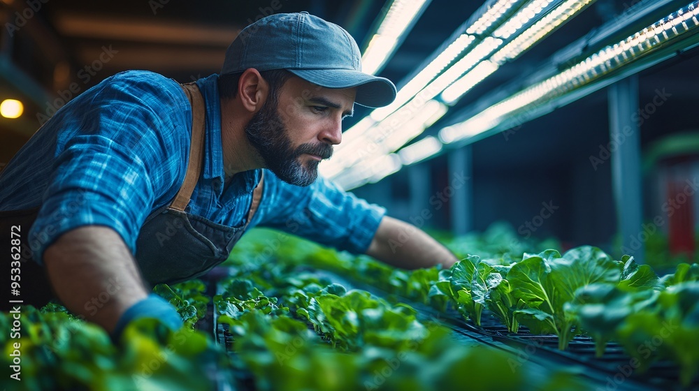 Poster Farmer utilizing AI to analyze data on light and nutrient levels ensuring optimal growth conditions for crops in a vertical farming system Stock Photo with copy space