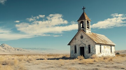 An abandoned, weathered church stands isolated in a vast, arid landscape under a clear blue sky with some scattered clouds. The structure features a rusted roof and a bell tower topped with a cross. T