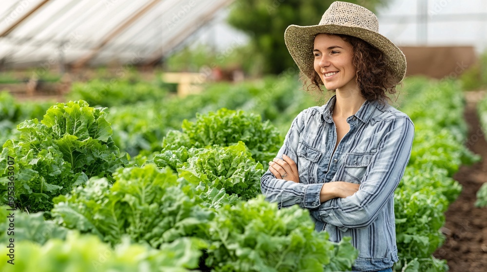 Aufkleber Farmer utilizing AI to analyze data on light and nutrient levels ensuring optimal growth conditions for crops in a vertical farming system Stock Photo with copy space