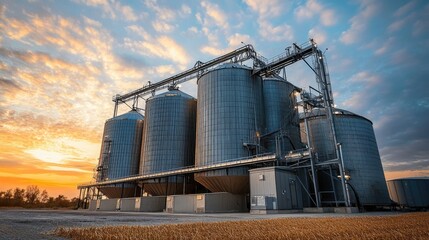 Modern brewery building exterior with silos at sunset