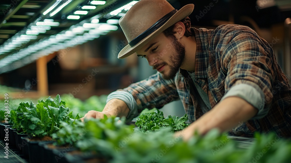 Poster young farmer adjusting settings on an ai-powered control panel to fine-tune environmental conditions