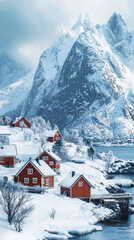 Fototapeta premium A Winter Wonderland: Red Cabins Nestled in a Snowy Norwegian Village, Surrounded by Majestic Mountains and a Frozen Sea