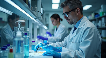 Scientists conducting research in a laboratory while analyzing samples and using lab equipment during the day