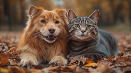 Cat and dog friends in autumn decorations. Halloween design concept banner. Pumpkin and leaves.