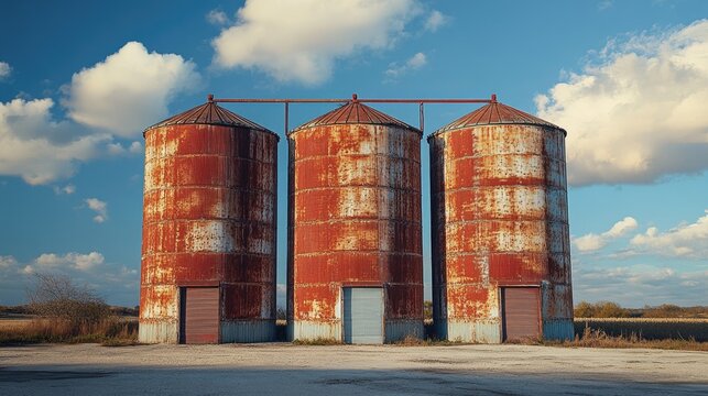 Three rusty grain silos standing on a farm under a blue sky