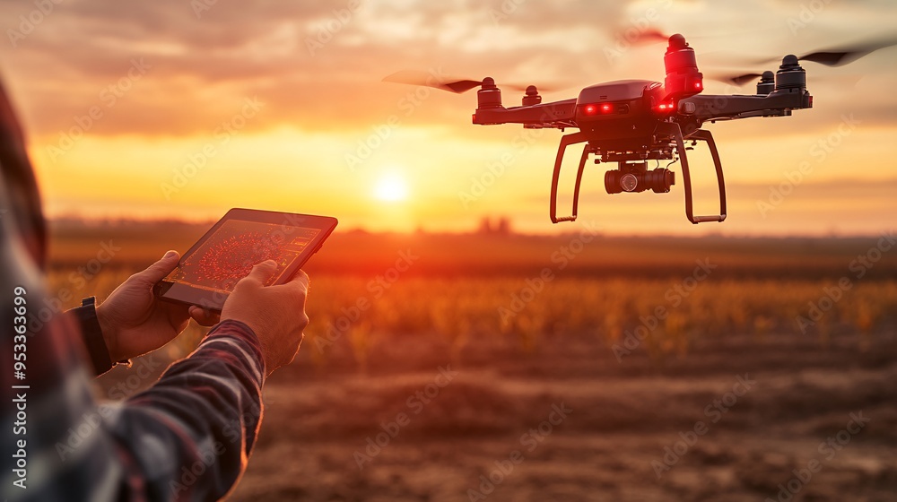 Fototapete Young farmer using AI to automate harvesting in a plant factory ensuring precision and efficiency in the process Stock Photo with copy space